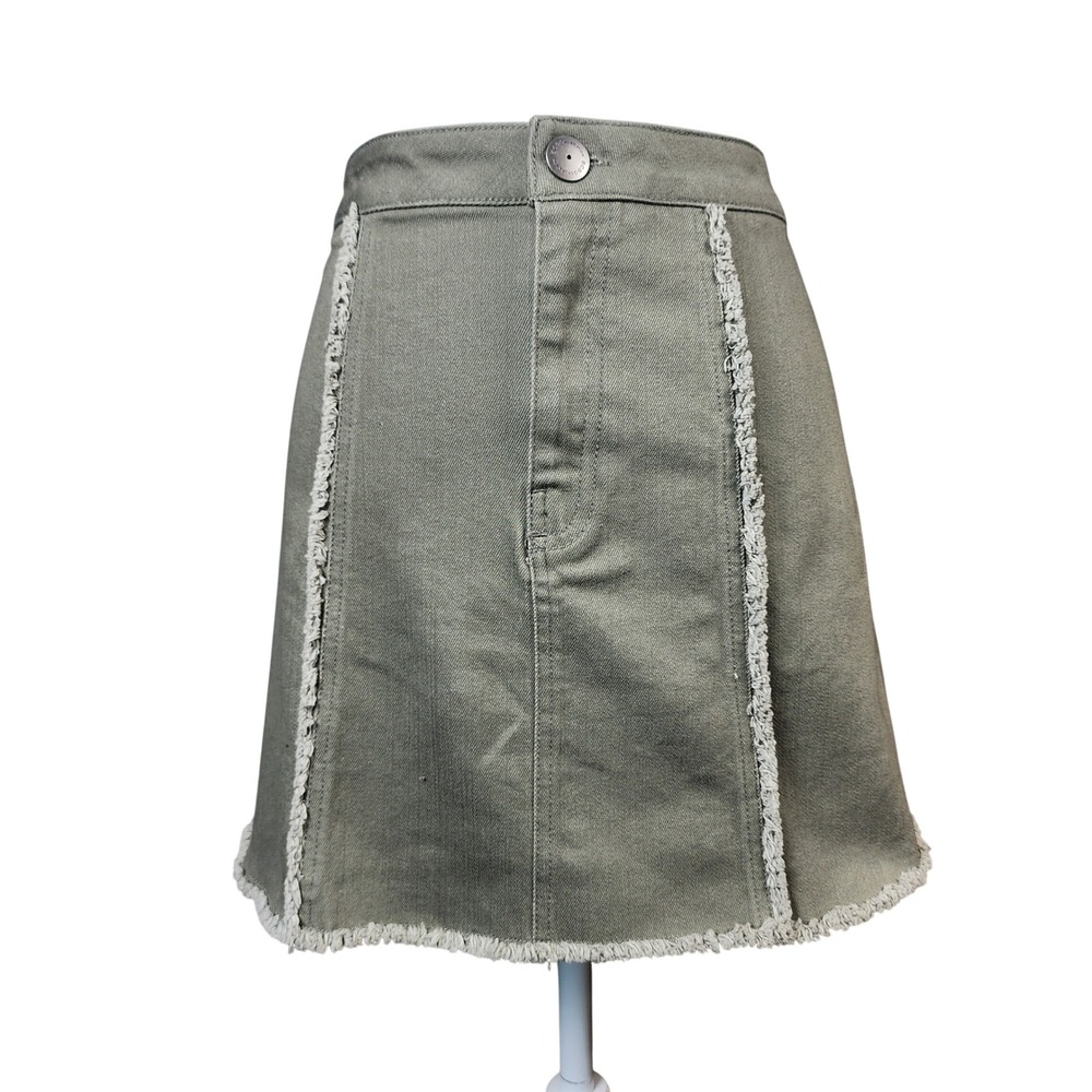 BCBGeneration Olive Green Frayed Denim Mini Skirt Size 27 Raw Hem A-Line Casual